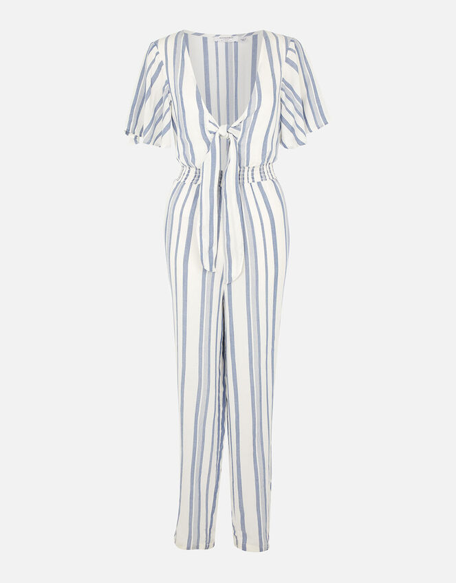 Stripe Tie Front Jumpsuit, Blue (BLUE), large
