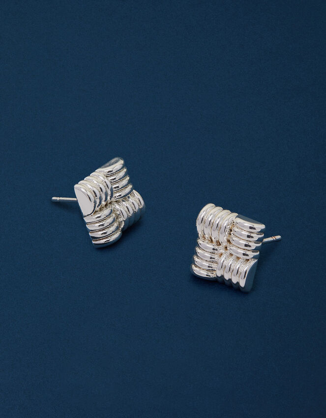 Sterling Silver-Plated Ridge Square Stud Earrings, , large