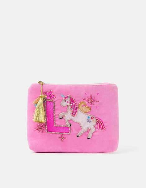 Girl Initial Unicorn Velvet Pouch, Pink (PINK), large
