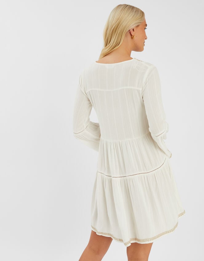 Embroidered Flute-Sleeve Mini Dress, Ivory (IVORY), large