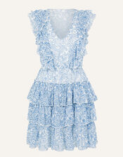Paisley Floral Print Mini Ruffle Dress, Blue (BLUE), large