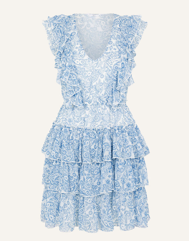 Paisley Floral Print Mini Ruffle Dress, Blue (BLUE), large