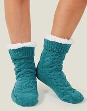 Cable Slipper Socks, Teal (TEAL), large