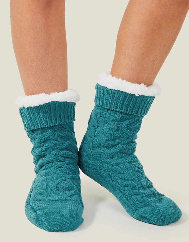 Cable Slipper Socks, Teal (TEAL), large