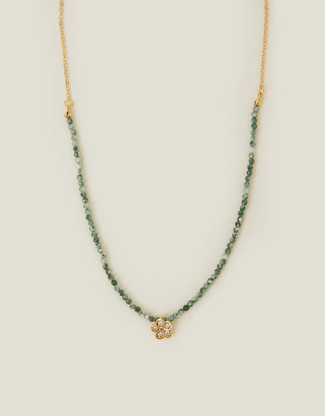 14ct Gold-Plated Flower Pendant Jade Bead Necklace, , large