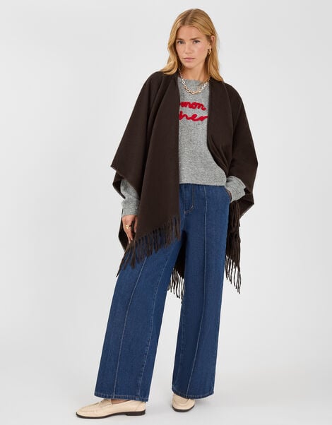 Fringe Trim Poncho, , large