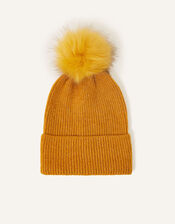 Knit Pom-Pom Beanie with Recycled Fabric, Yellow (OCHRE), large