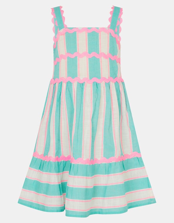 Girls Stripe Ric Rac Dress, Blue (TURQUOISE), large
