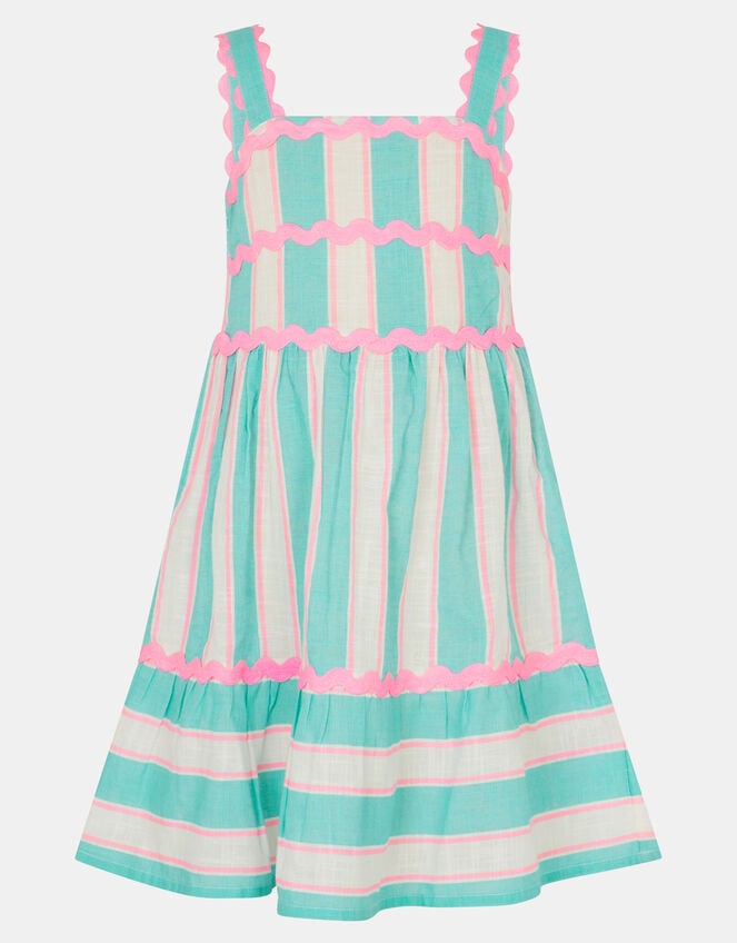 Girls Stripe Ric Rac Dress, Blue (TURQUOISE), large