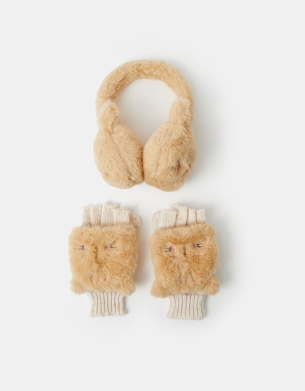 Girls Fluffy Cat Earmuffs & Gloves Set, Camel (BEIGE), large
