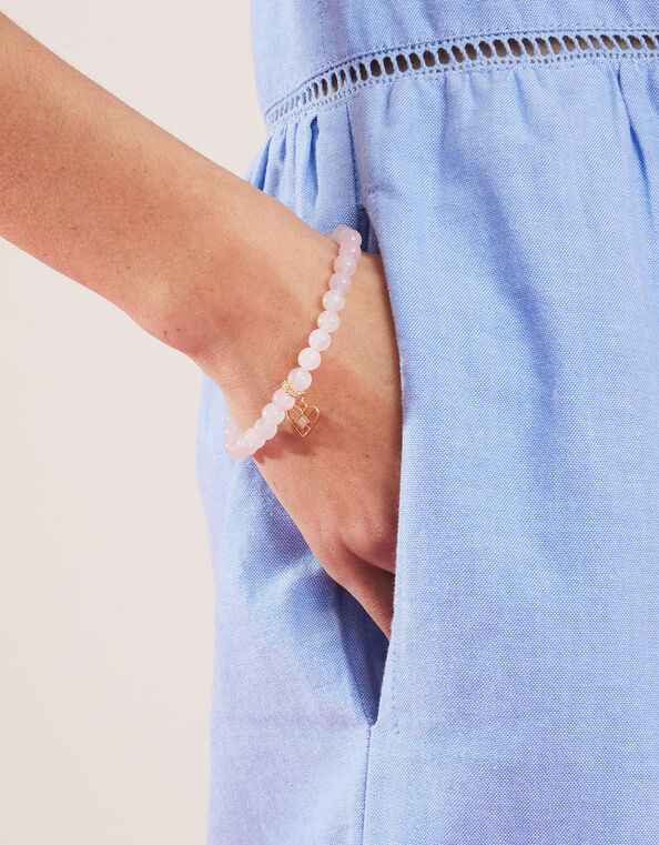 14ct Gold-Plated Rose Quartz Stone Charm Bracelet, , large