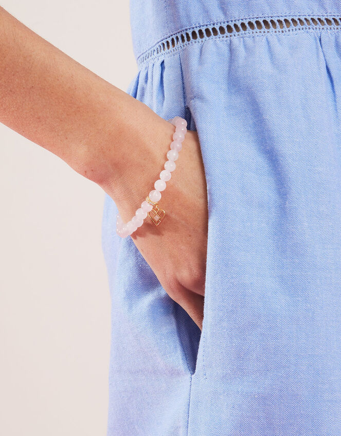 14ct Gold-Plated Rose Quartz Stone Charm Bracelet, , large