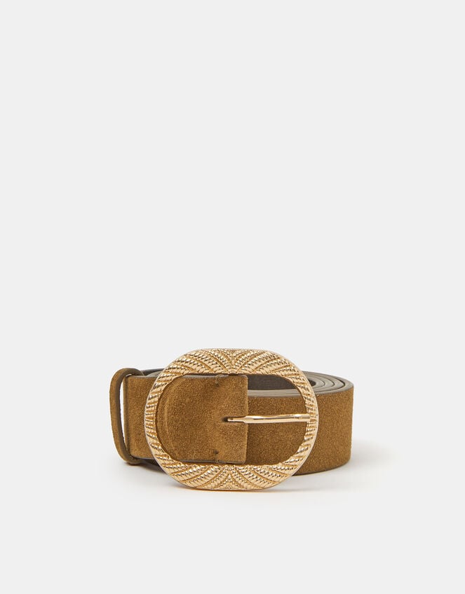 Textured Buckle Leather Belt, Tan (TAN), large