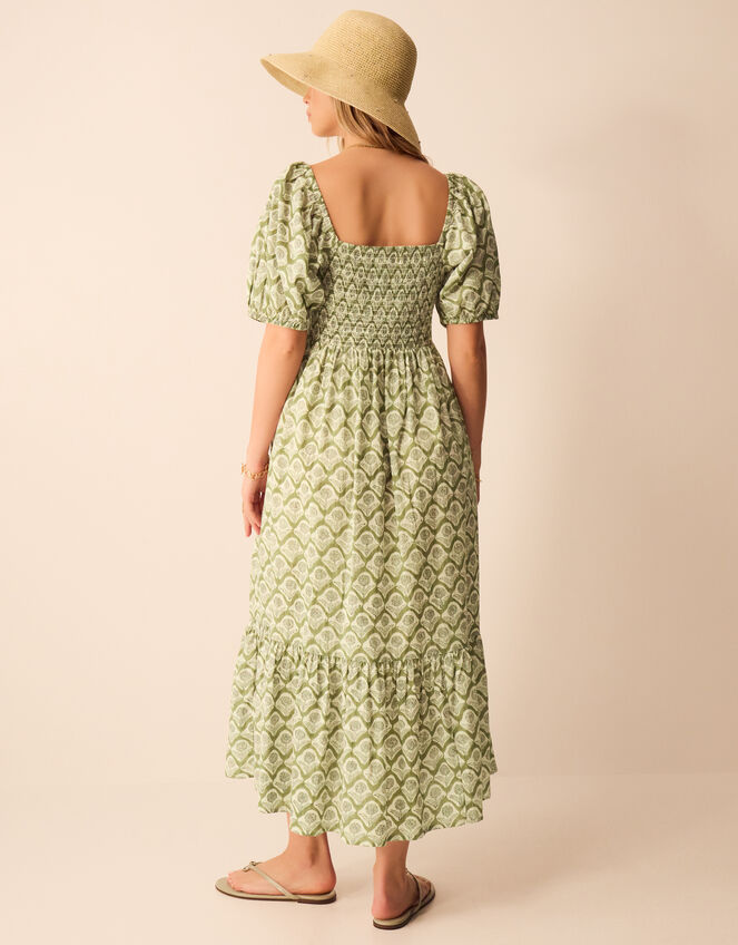 Floral Print Puff Sleeve Maxi Dress, Green (KHAKI), large