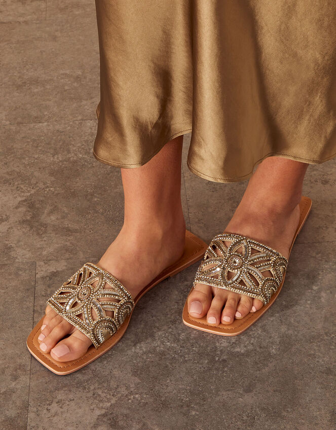 Flower Embellished Diamante Sliders, Gold (GOLD), large