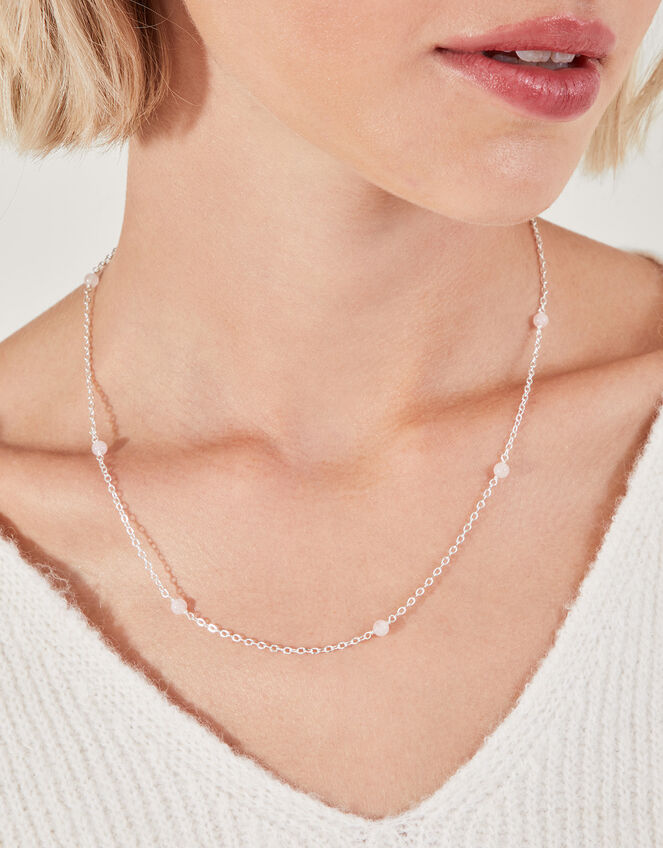 Sterling Silver-Plated Rose Quartz Station Necklace, , large