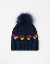 Rainbow Heart Knit Pom-Pom Beanie, , large