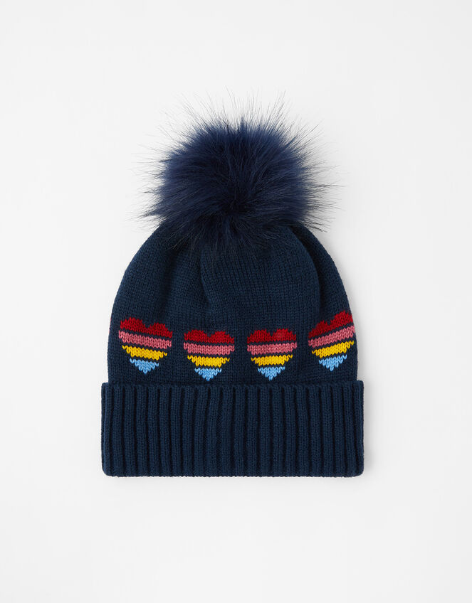Rainbow Heart Knit Pom-Pom Beanie, , large