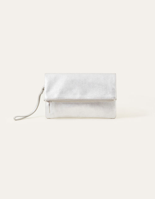 Carley Leather Clutch Bag, Silver (SILVER), large