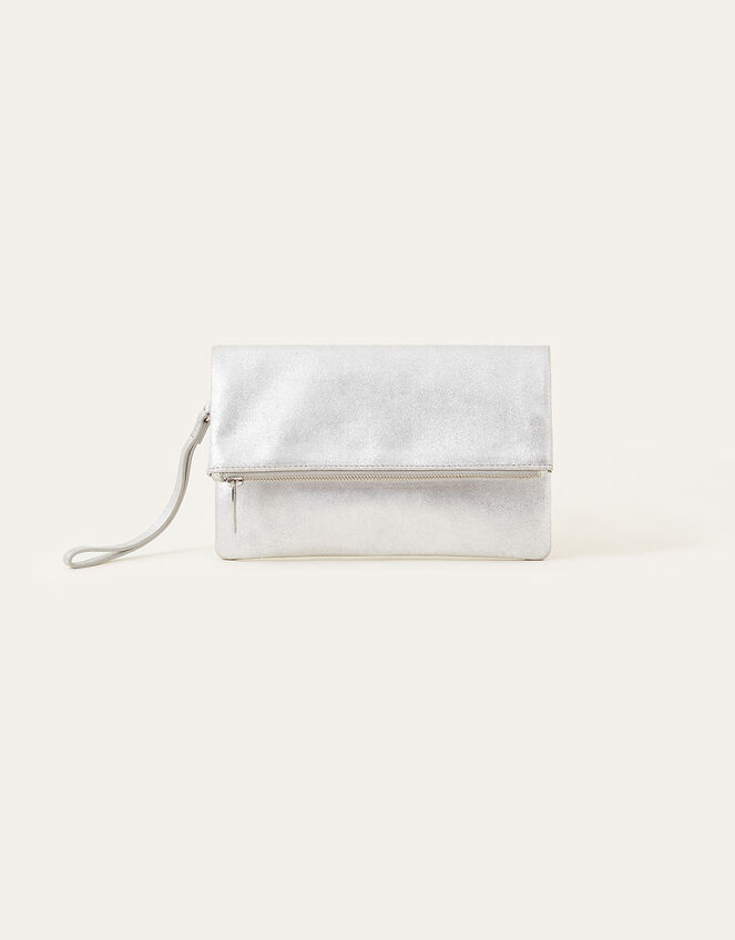Leather Metallic Clutch, Silver (SILVER), large