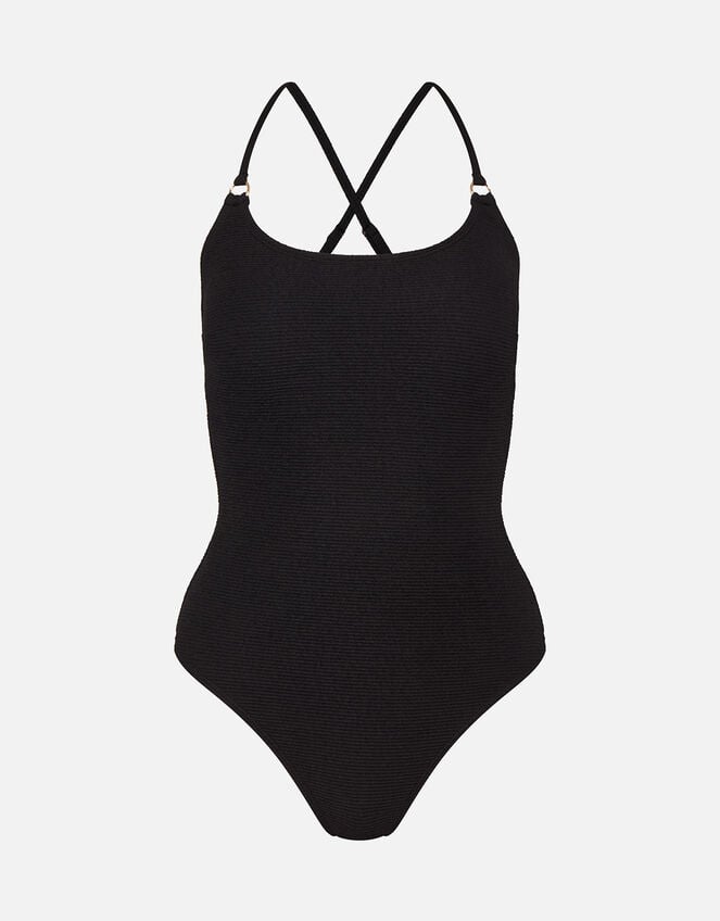 Crinkle Cross Strap Swimsuit, Black (BLACK), large