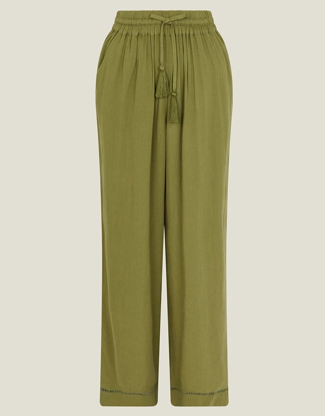 Embroidered Wide Leg Trousers, Green (KHAKI), large