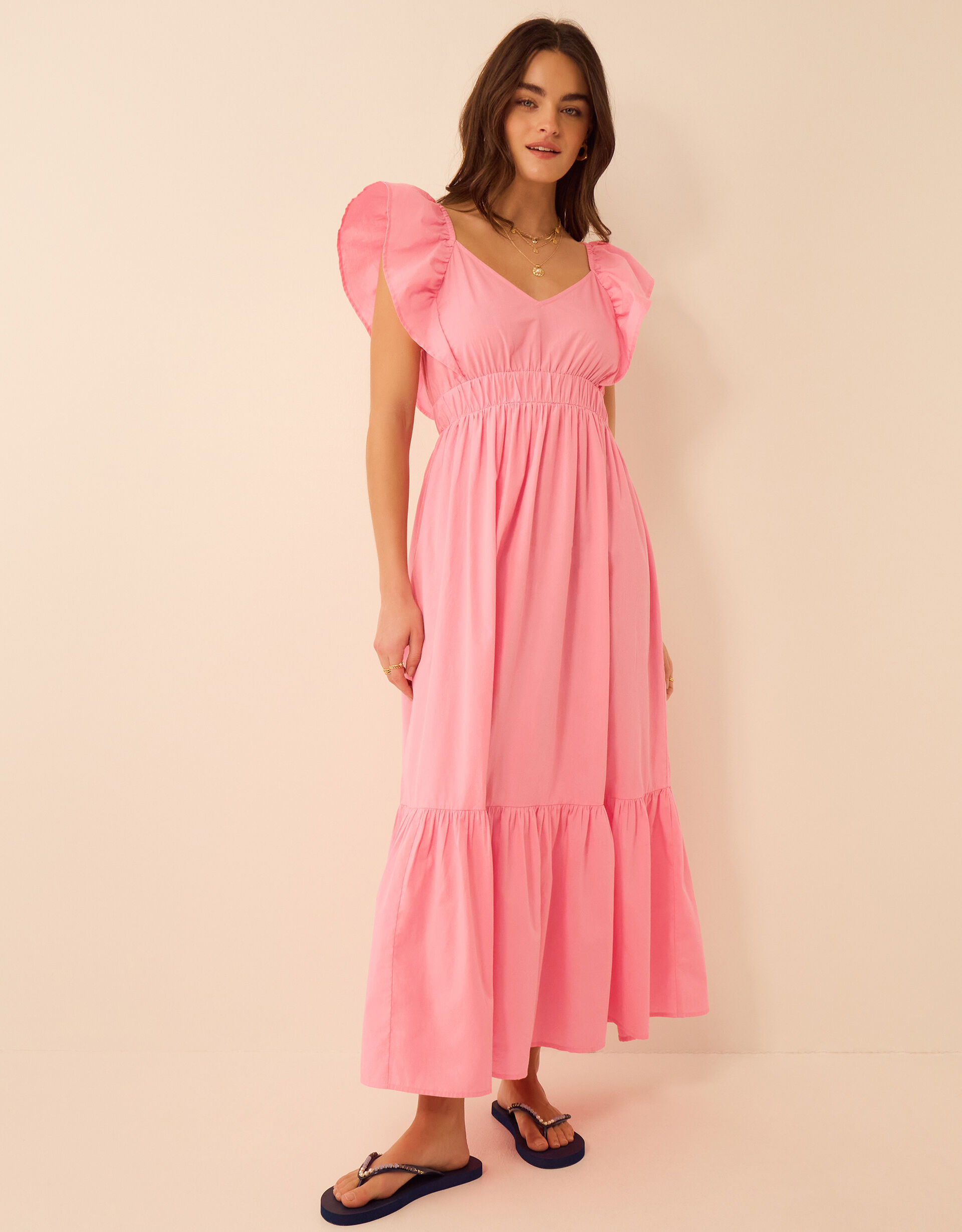 Powder Pink Ruffle Dress Ruffle Cotton Midi Dress Pink | Dresses | Accessorize UK