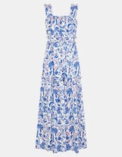 Palm Print Tiered Maxi Dress, Blue (BLUE), large