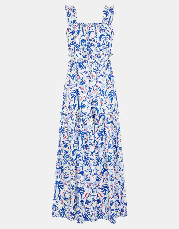 Palm Print Tiered Maxi Dress, Blue (BLUE), large