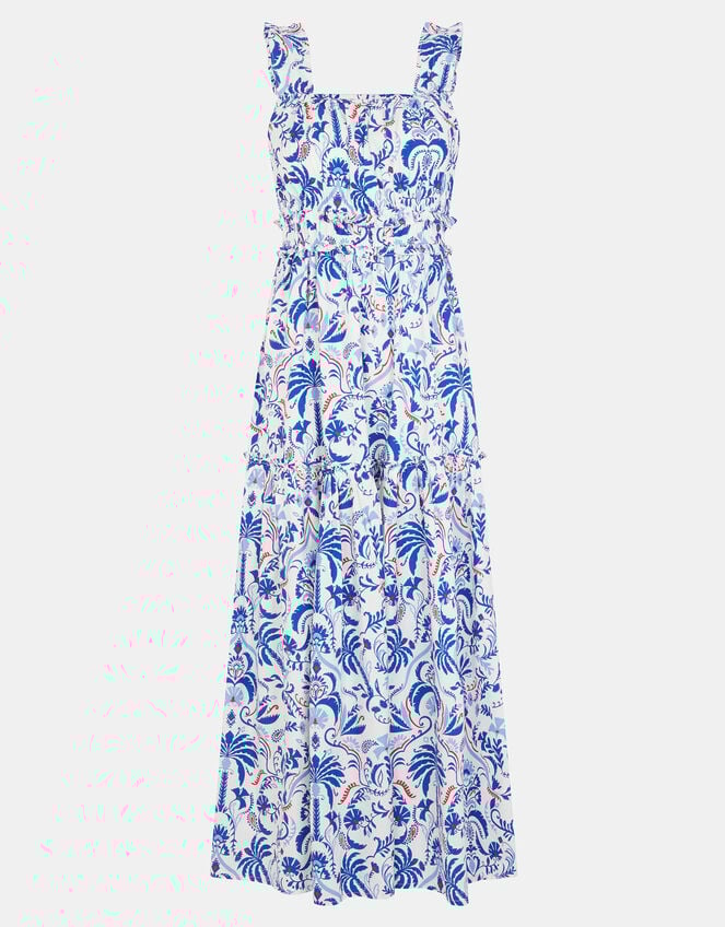 Palm Print Tiered Maxi Dress, Blue (BLUE), large