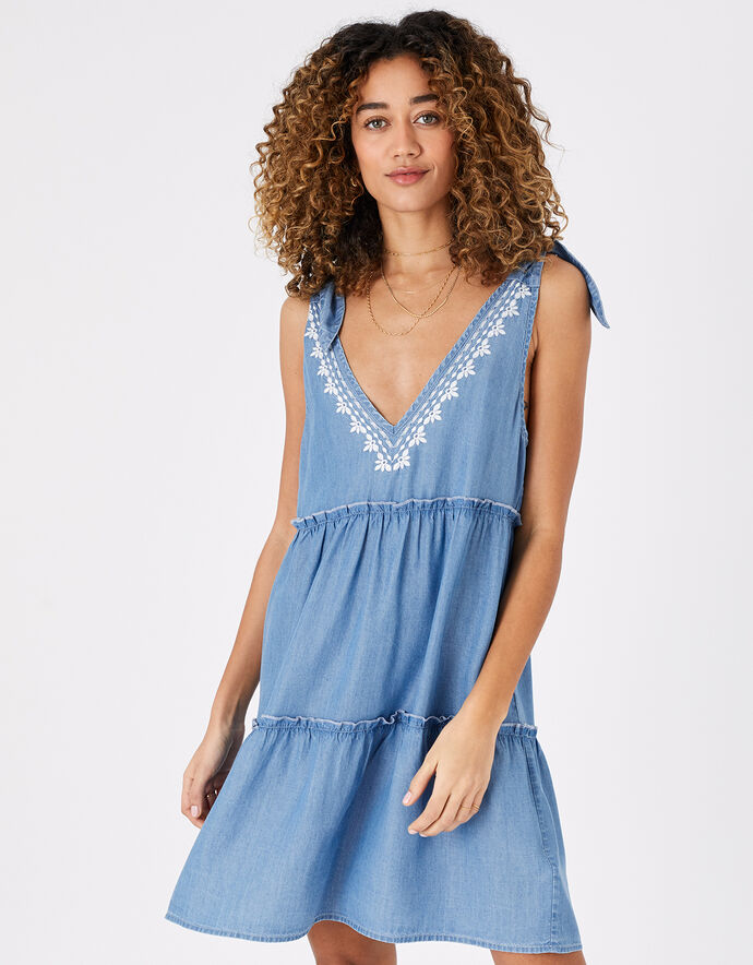 Malibu Beige Chambray Floral Embroidered Tiered Dress