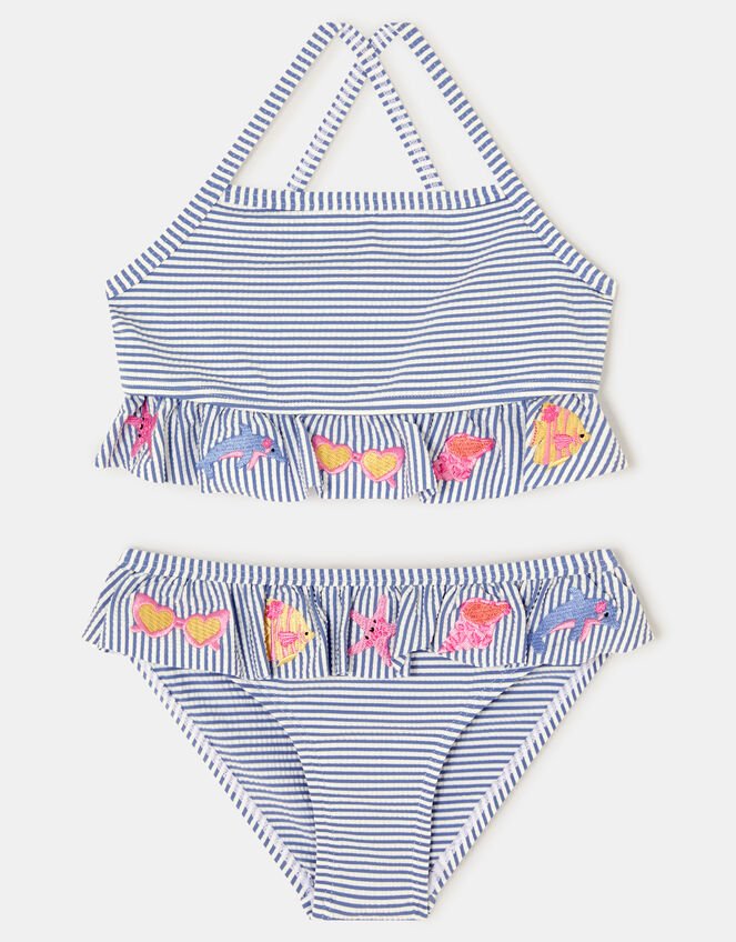 Girls Embroidered Stripe Tankini Set, Blue (BLUE), large