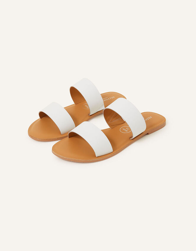 Two Strap Leather Wide Fit Sliders , White (WHITE), large