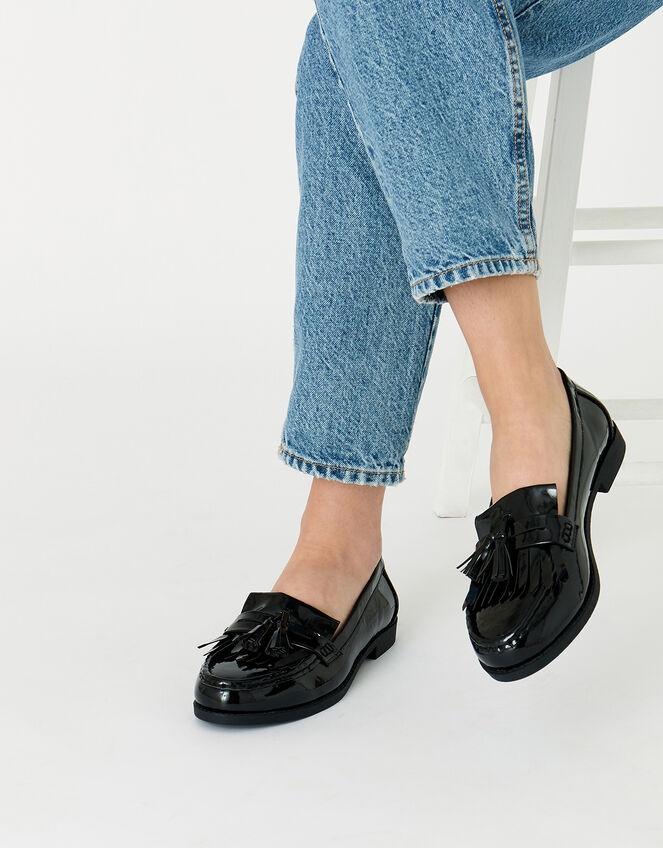 Patent Tassel Trim Loafers, Black (BLACK), large