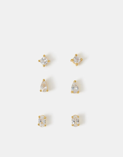 3-Pack 14ct Gold-Plated Stone Stud Earrings, , large
