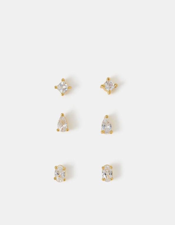 3-Pack 14ct Gold-Plated Stone Stud Earrings, , large