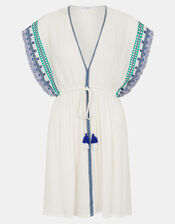 Embroidered Fringe Mini Kaftan, White (WHITE), large