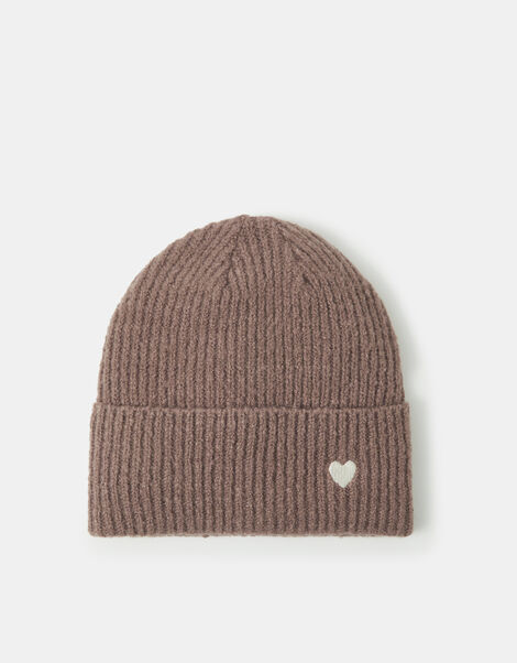Heart Embroidered Beanie Hat, Mink (MINK), large