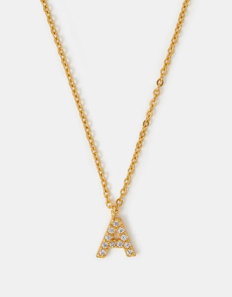 14ct Gold-Plated Diamanté Initial Pendant Necklace, Gold (GOLD), large