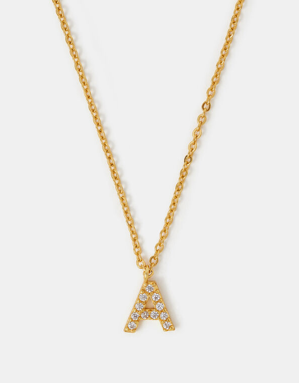 14ct Gold-Plated Diamanté Initial Pendant Necklace, Gold (GOLD), large