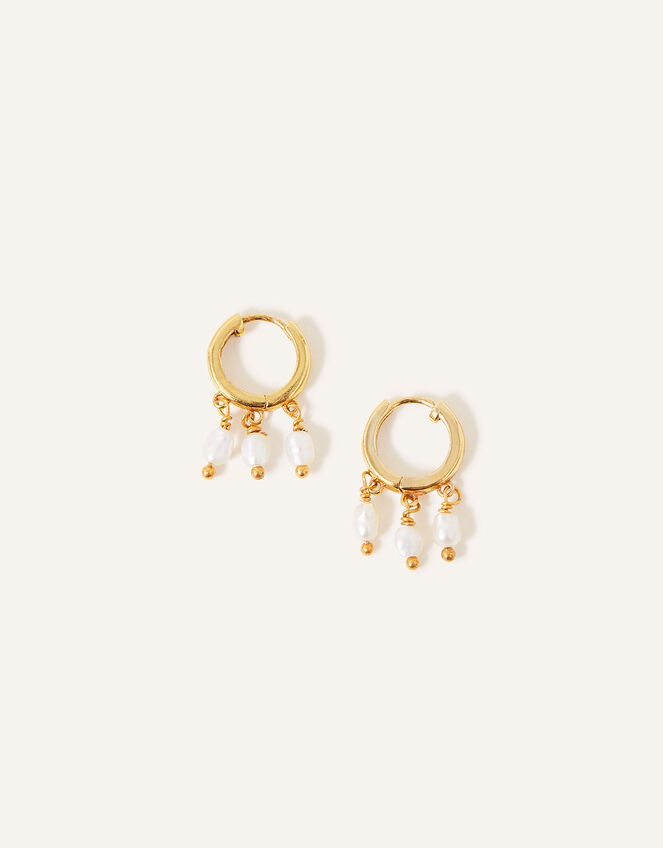 14ct Gold-Plated Pearl Huggie Hoops, , large