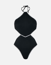 Blanket Stitch Halter Swimsuit, Black (BLACK WHITE), large