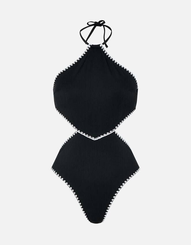 Blanket Stitch Halter Swimsuit, Black (BLACK WHITE), large
