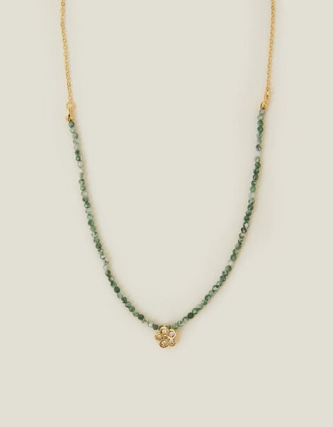 14ct Gold-Plated Flower Pendant Jade Bead Necklace, , large