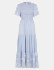 Smocked Cutwork Midi Dress, Blue (LIGHT BLUE), large