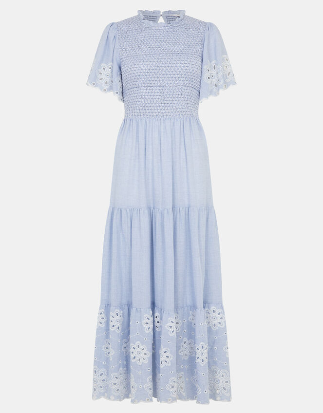 Smocked Cutwork Midi Dress, Blue (LIGHT BLUE), large