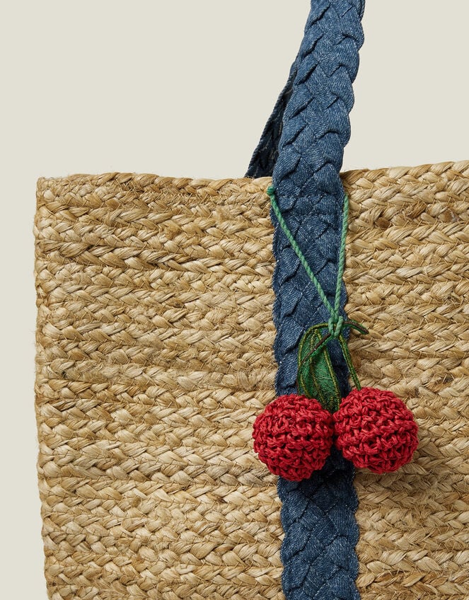 Denim Strap Jute Shoulder Bag, , large