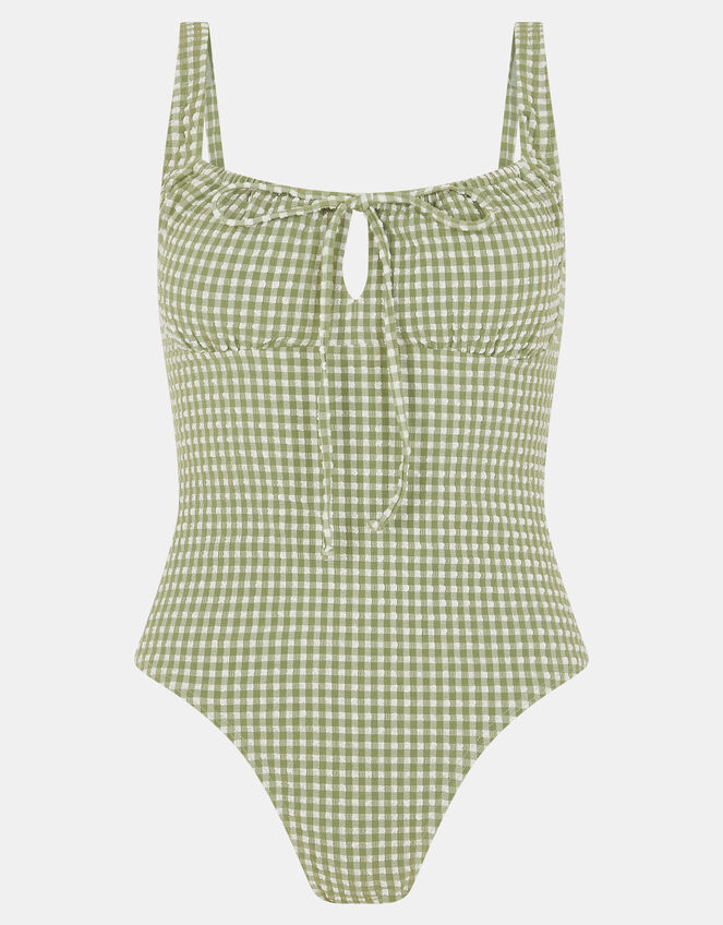 Gingham Seersucker Swimsuit, Green (KHAKI), large