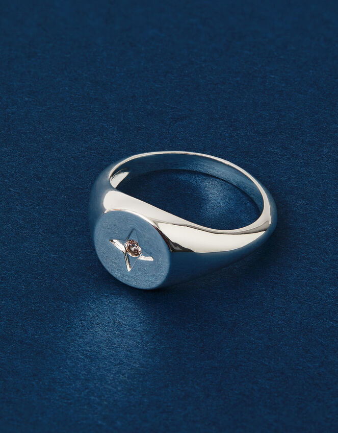 Sterling Silver-Plated Star Diamanté Signet Ring, Silver (ST SILVER), large