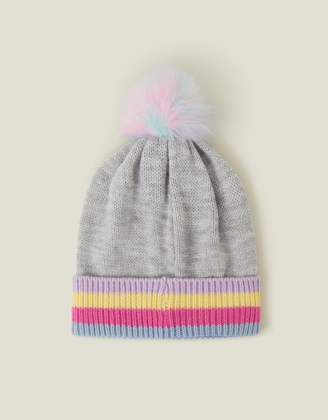 Girls Unicorn Pom Beanie Hat, Grey (GREY), large